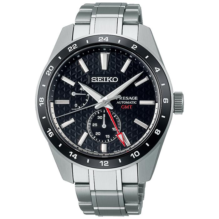 Seiko Presage Sharp Edged Series GMT SARF005 Men's Mechanical Watch with Hemp Leaf Pattern Dial, Black, Exclusive