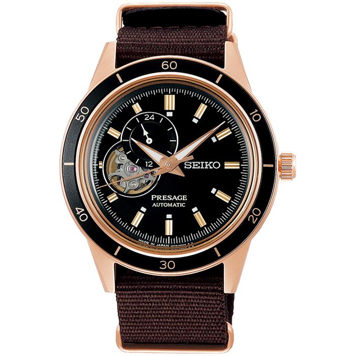 Seiko Presage Style 60's SARY192 Men's Mechanical Automatic Watch with Open Heart Design and Brown Nylon Strap