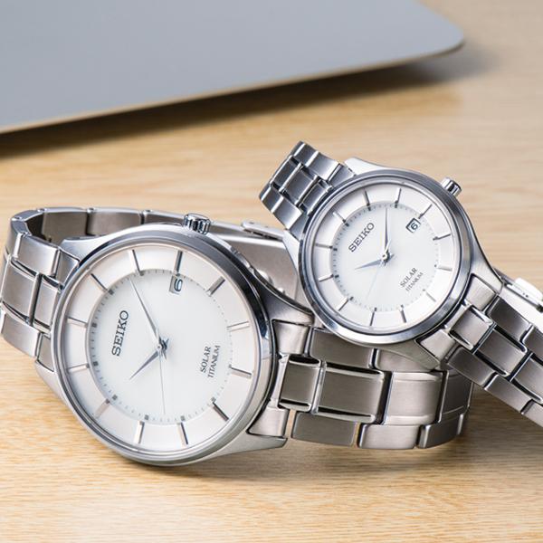Seiko Selection Pair Solar Men's Watch SBPX101 Titanium Date Calendar White