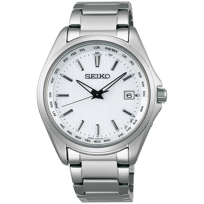 Seiko Selection SBTM287 Men's Solar Radio-Controlled Watch with World Time and Date Calendar, White
