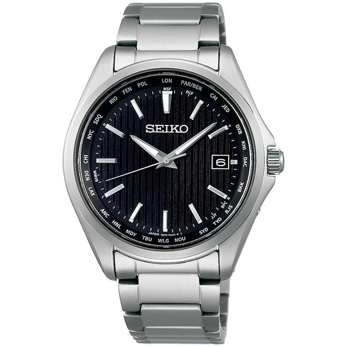 Seiko Selection SBTM291 Men's Solar Radio-Controlled Watch with World Time and Date Calendar, Black