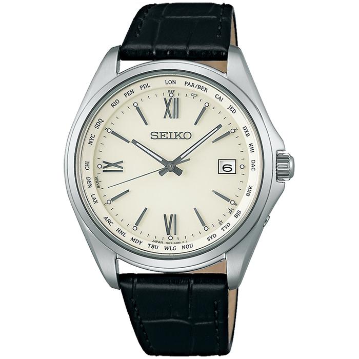 Seiko Selection SBTM295 Men's Solar-Powered Radio-Controlled Watch with World Time Function, Leather Strap, Date Calendar, White and Black