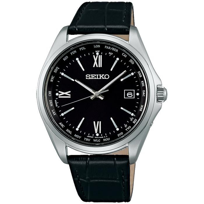 Seiko Selection SBTM297 Men's Solar-Powered Radio-Controlled Watch with World Time Function, Leather Strap, and Date Calendar, Black