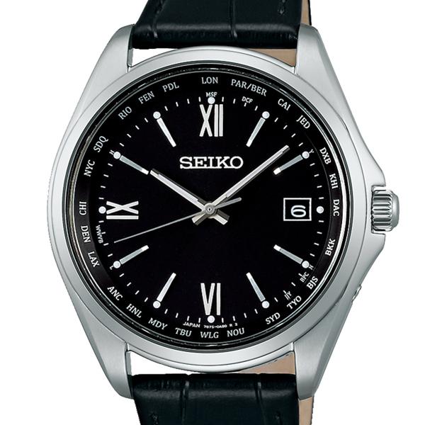Seiko Selection SBTM297 Men's Solar-Powered Radio-Controlled Watch with World Time Function, Leather Strap, and Date Calendar, Black