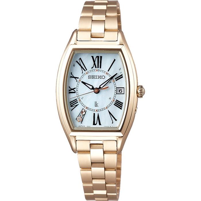 Seiko Lukia Lady Gold SSQW046 Women's Watch, Solar, Radio-Controlled, Titanium, Water Resistant, Date Display, Tonneau Movement, Mother-of-Pearl Dial with Diamonds