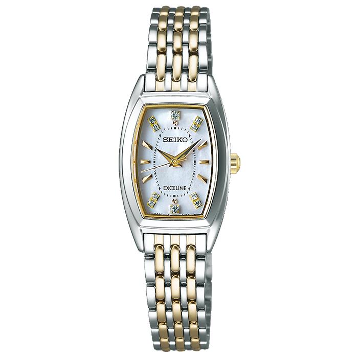 Seiko Dolce & Exceline SWCQ089 Women's Solar Watch with Metal Band and Diamond-Set Mother-of-Pearl Dial, Tonneau Style, White