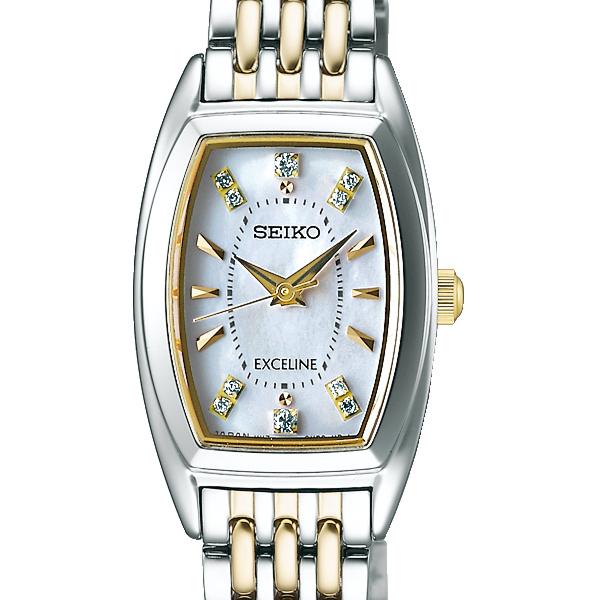 Seiko Dolce & Exceline SWCQ089 Women's Solar Watch with Metal Band and Diamond-Set Mother-of-Pearl Dial, Tonneau Style, White