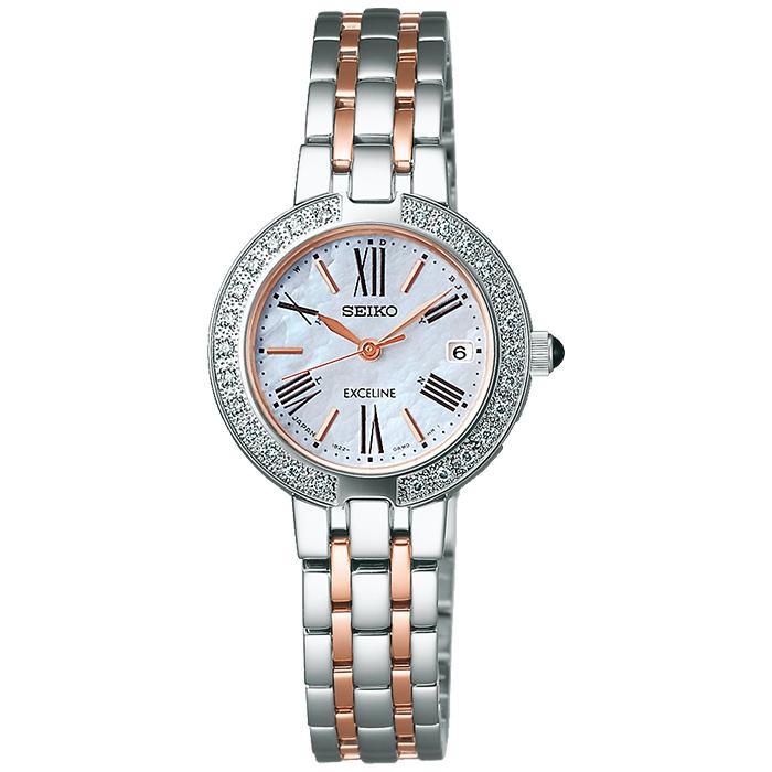 Seiko Dolce & Exceline Ladies' Solar-Powered Radio-Controlled Watch SWCW008 with a Diamond-Set Case and Mother-of-Pearl Dial