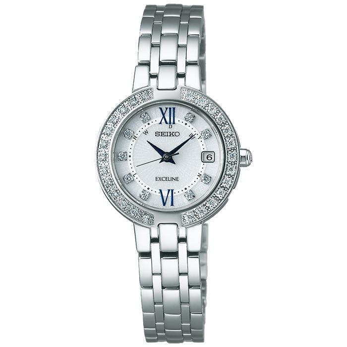Seiko Dolce & Exceline Exceline Ladies' Solar Radio-Controlled Watch SWCW083 with White Dial and Diamonds