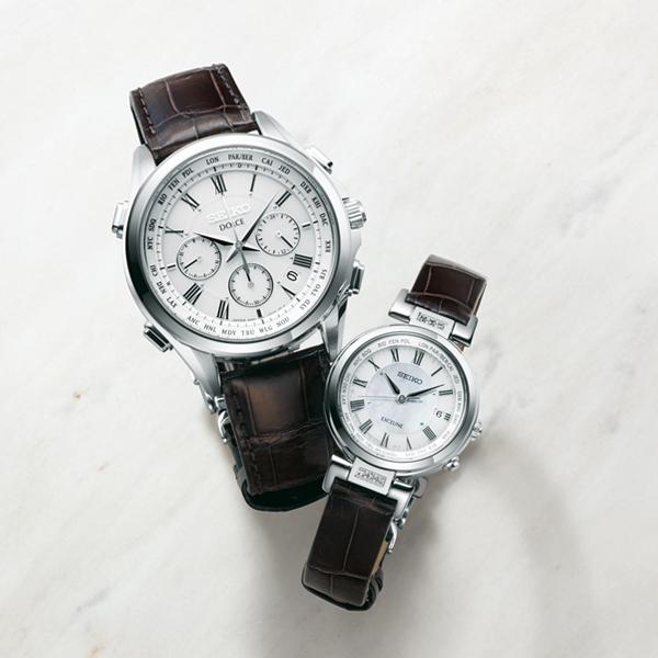 Seiko Dolce & Exceline Pair Solar Radio-Controlled Watch SWCW109 Women's Crocodile Leather Strap White